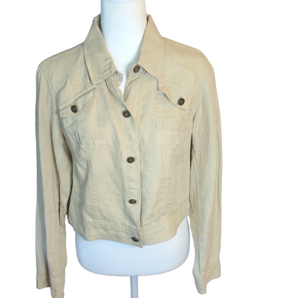 Linen tan jean jacket style lightweight jacket. Sz M